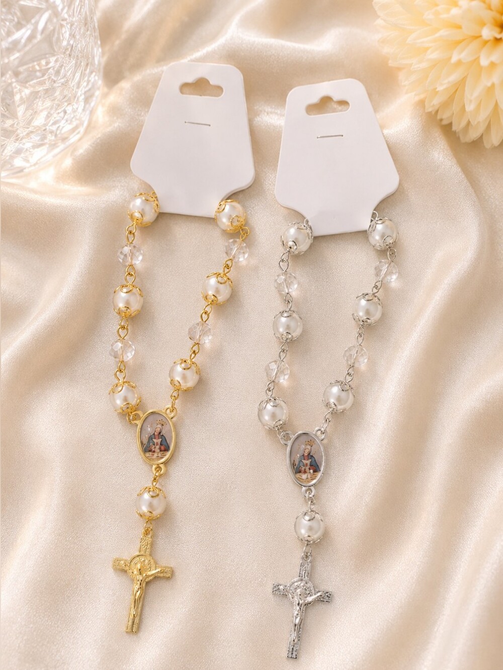 Gold Tone & Silver Tone Rosary Bracelet | Pearl Bead Religious Bracelet Cross